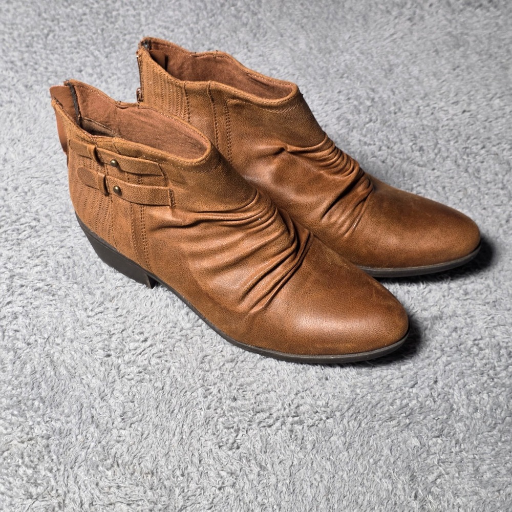 Baretraps Womens 8.5M Georgina Ankle Boot Brown Ruched Back Zip Block Heel 6968